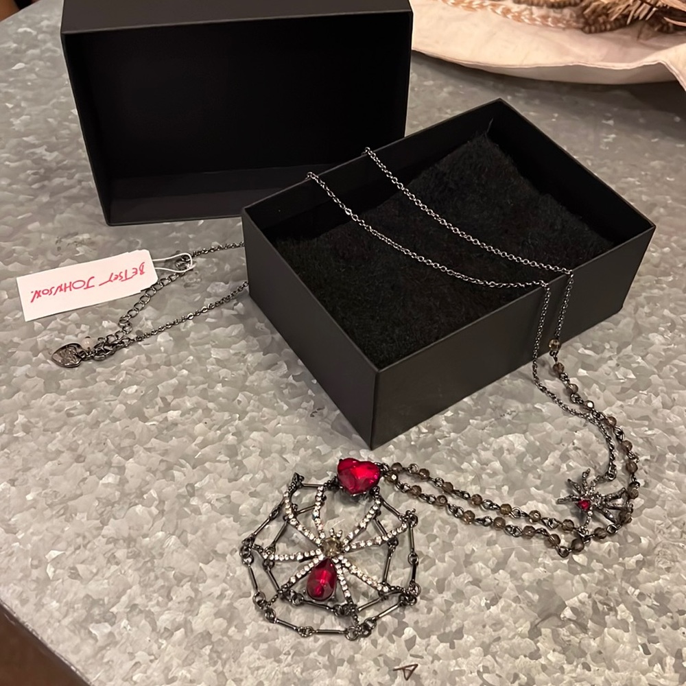 Beautiful spider with chain web, long necklace by Betsey Johnson